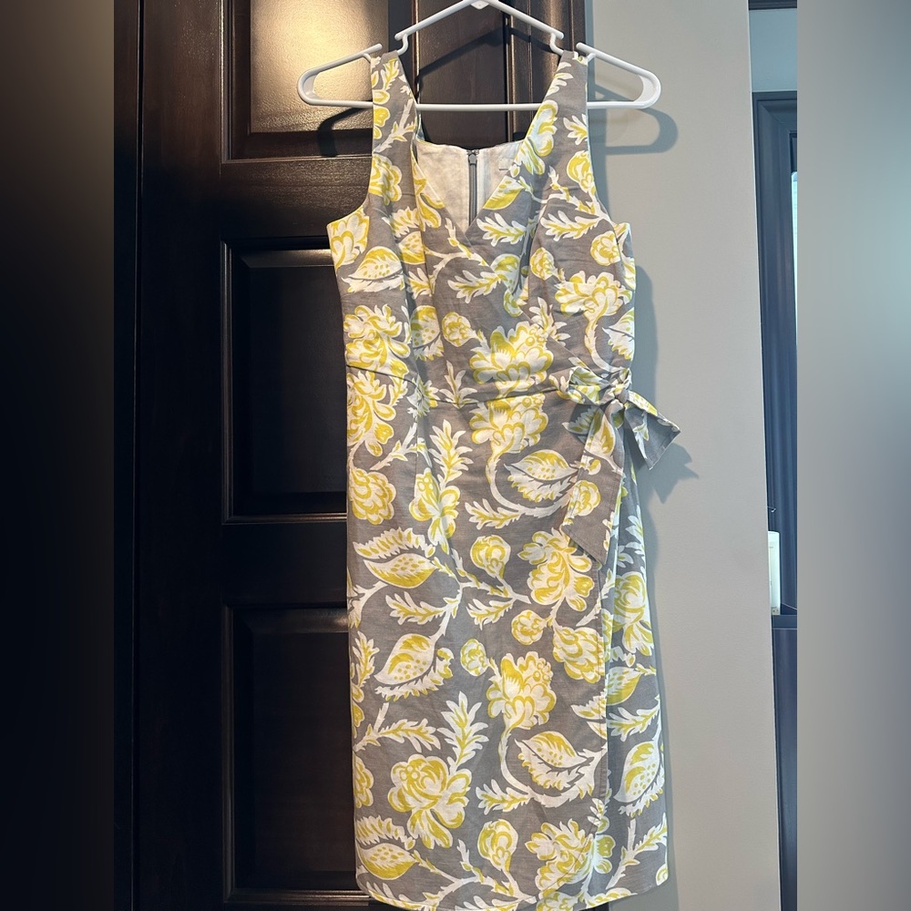 Boden Portofino Floral Faux Wrap Linen Dress Yellow Grey US 6